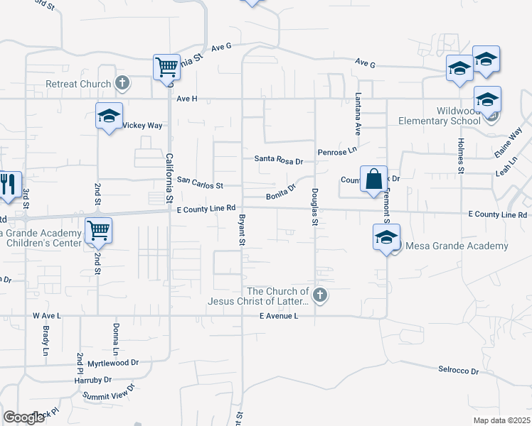 map of restaurants, bars, coffee shops, grocery stores, and more near 241 East County Line Road in Calimesa