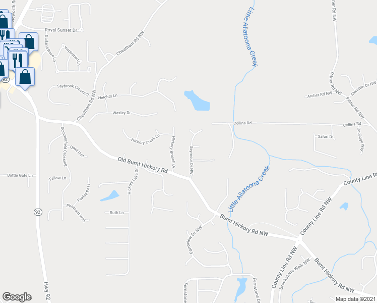 map of restaurants, bars, coffee shops, grocery stores, and more near 1961 Seymour Drive Northwest in Acworth