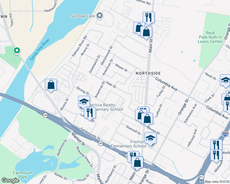 map of restaurants, bars, coffee shops, grocery stores, and more near 4105 Garvey Way in Riverside