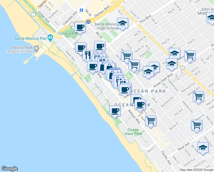 map of restaurants, bars, coffee shops, grocery stores, and more near 126 Pacific Street in Santa Monica