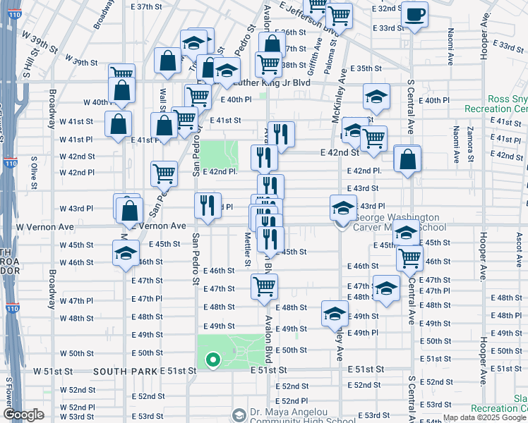 map of restaurants, bars, coffee shops, grocery stores, and more near 475 East 43rd Place in Los Angeles