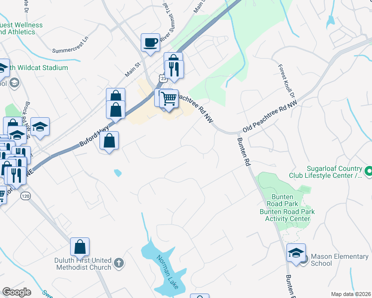 map of restaurants, bars, coffee shops, grocery stores, and more near 2715 Peachtree Walk in Duluth