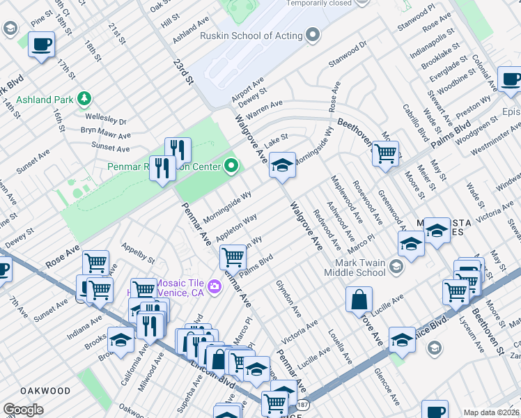 map of restaurants, bars, coffee shops, grocery stores, and more near 1339 Appleton Way in Los Angeles