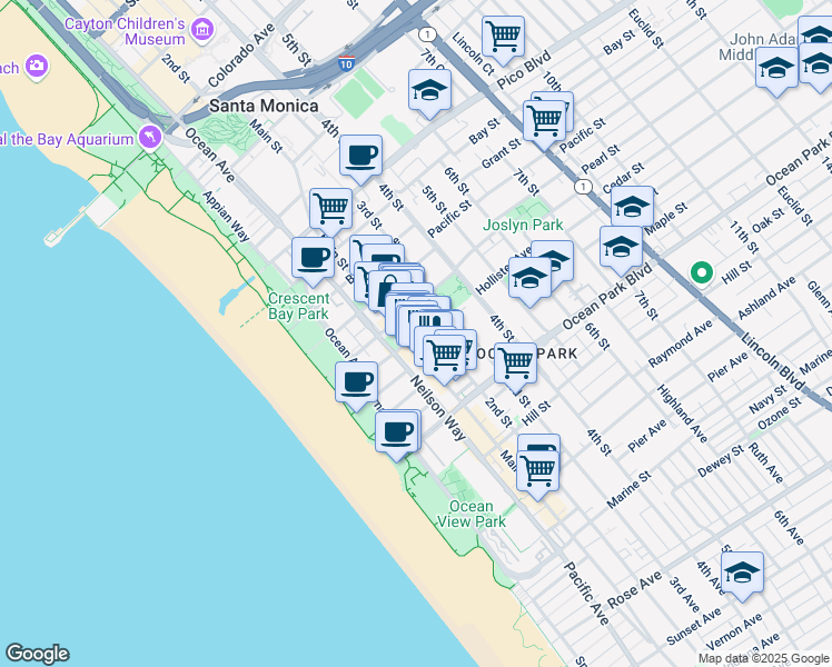 map of restaurants, bars, coffee shops, grocery stores, and more near 207 Hollister Avenue in Santa Monica