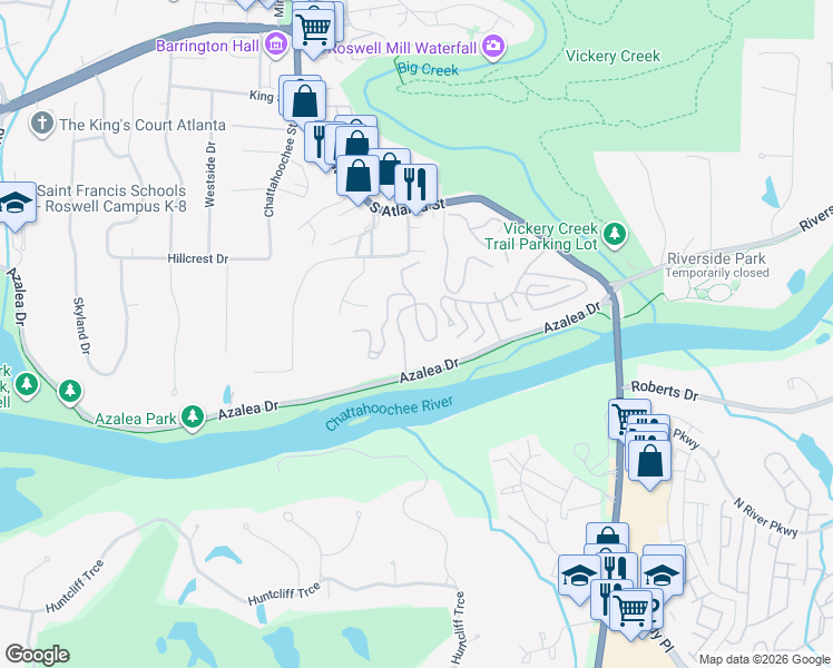 map of restaurants, bars, coffee shops, grocery stores, and more near 102 River Ridge Lane in Roswell
