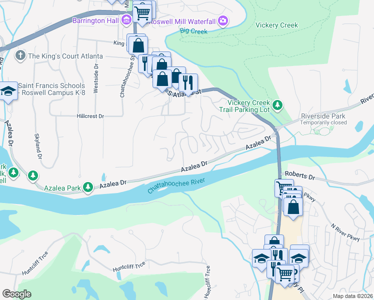 map of restaurants, bars, coffee shops, grocery stores, and more near 140 River Ridge Lane in Roswell