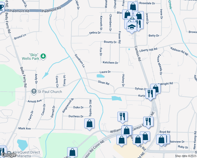 map of restaurants, bars, coffee shops, grocery stores, and more near 592 Laura Drive in Marietta