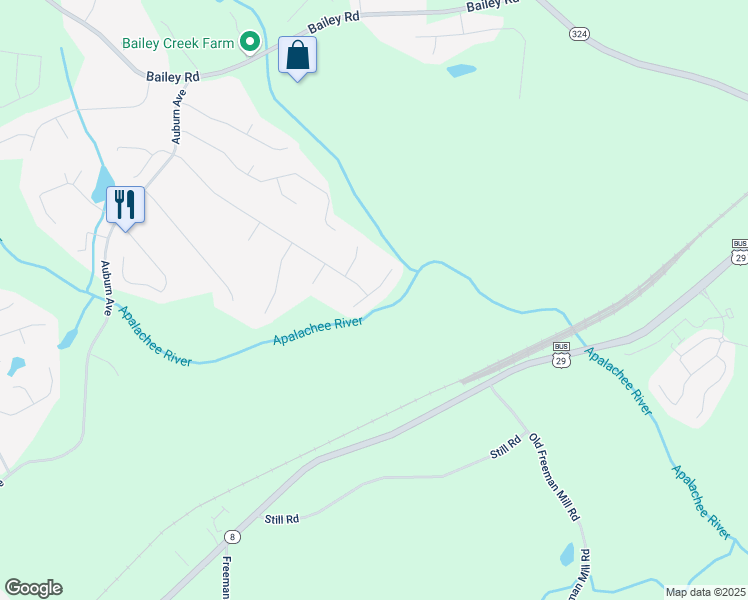map of restaurants, bars, coffee shops, grocery stores, and more near 733 Exchange Mill Place in Dacula