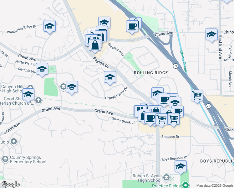 map of restaurants, bars, coffee shops, grocery stores, and more near 3030 Olympic View Drive in Chino Hills