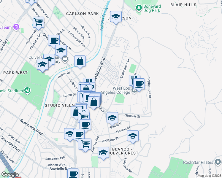 map of restaurants, bars, coffee shops, grocery stores, and more near 4105 Summertime Lane in Culver City