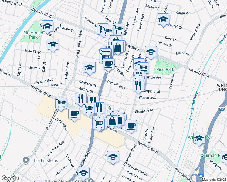 map of restaurants, bars, coffee shops, grocery stores, and more near 4716 Walnut Avenue in Pico Rivera