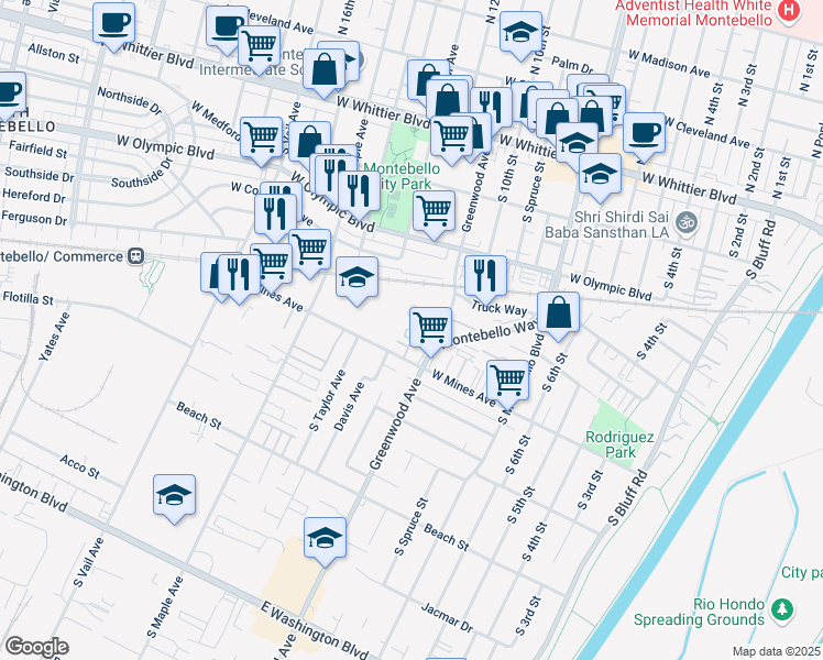map of restaurants, bars, coffee shops, grocery stores, and more near 525 South Greenwood Avenue in Montebello