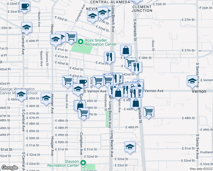 map of restaurants, bars, coffee shops, grocery stores, and more near 4317 Long Beach Avenue in Los Angeles