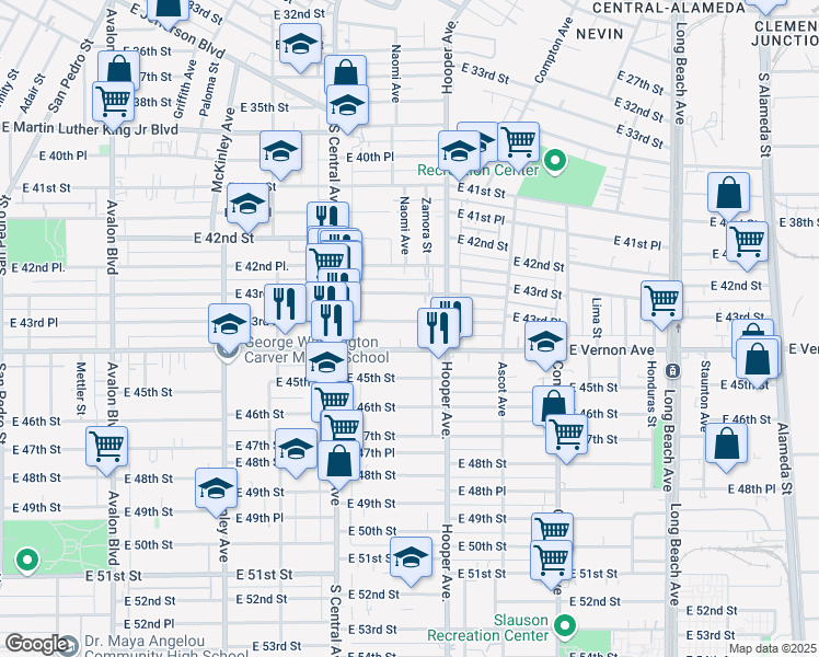 map of restaurants, bars, coffee shops, grocery stores, and more near 1207 East 43rd Place in Los Angeles