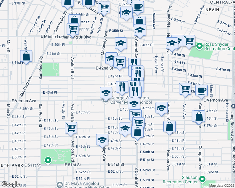 map of restaurants, bars, coffee shops, grocery stores, and more near 975 East 43rd Place in Los Angeles