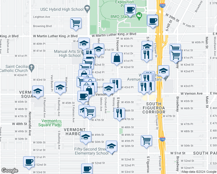 map of restaurants, bars, coffee shops, grocery stores, and more near 831 West 43rd Place in Los Angeles