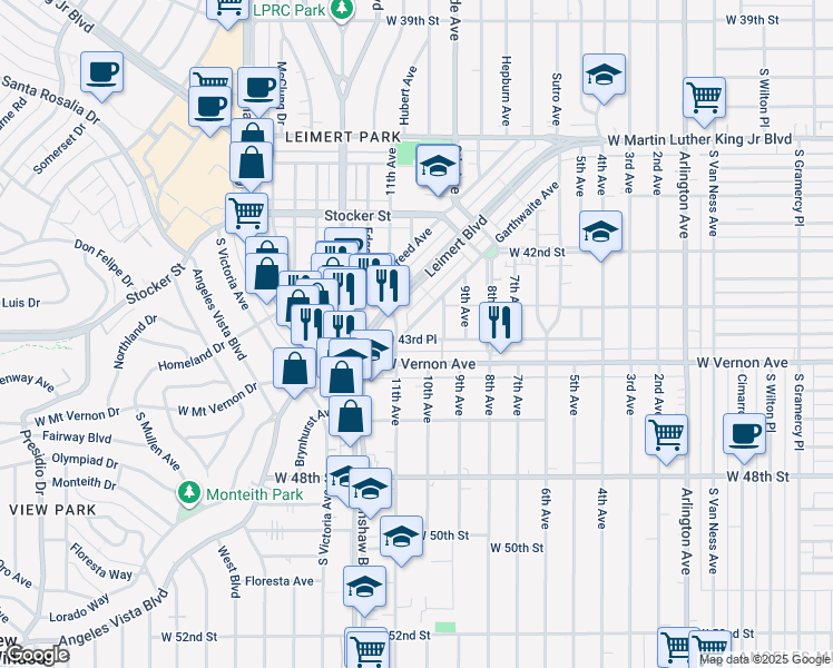 map of restaurants, bars, coffee shops, grocery stores, and more near 4350 11th Avenue in Los Angeles