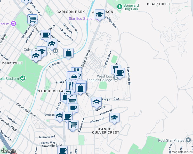 map of restaurants, bars, coffee shops, grocery stores, and more near 3000 Summertime Lane in Culver City
