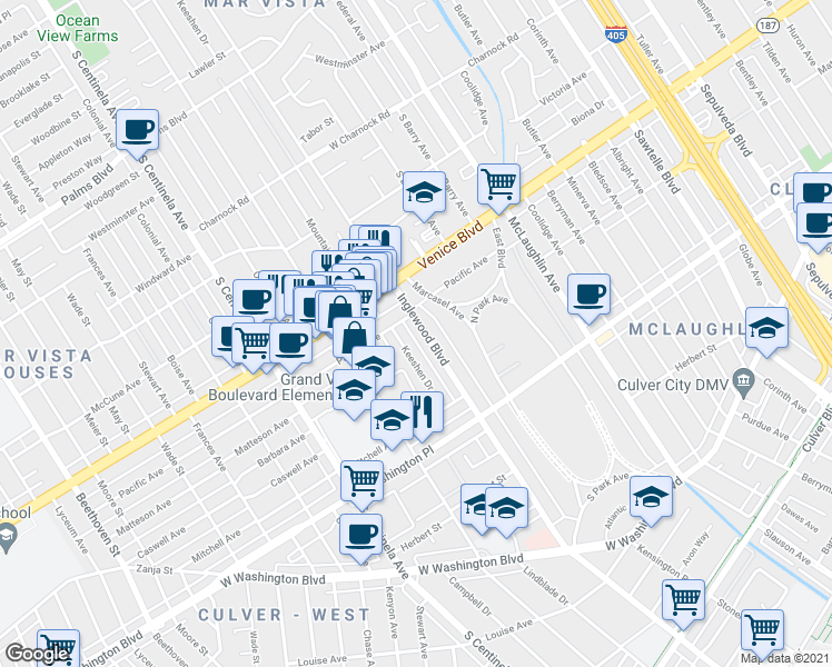 map of restaurants, bars, coffee shops, grocery stores, and more near 3845 Inglewood Boulevard in Los Angeles