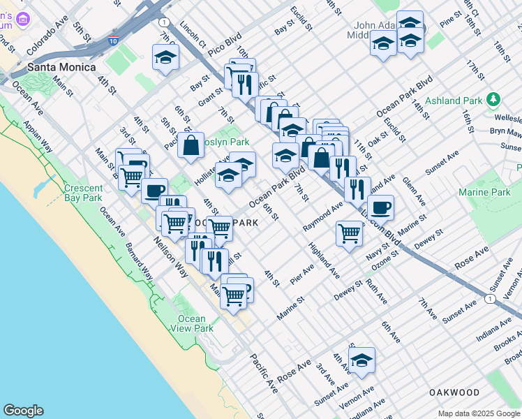 map of restaurants, bars, coffee shops, grocery stores, and more near 2613 6th Street in Santa Monica