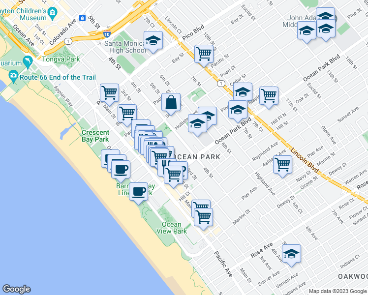 map of restaurants, bars, coffee shops, grocery stores, and more near 2434 5th Street in Santa Monica