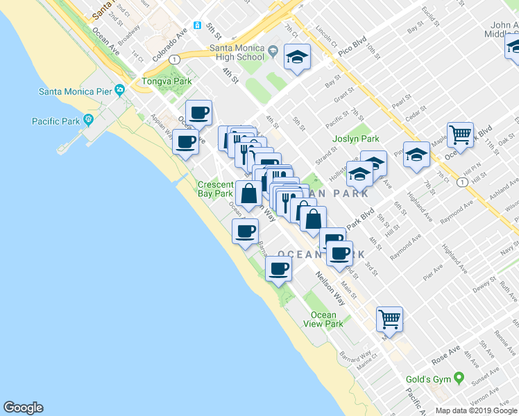 map of restaurants, bars, coffee shops, grocery stores, and more near 126 Pacific Street in Santa Monica