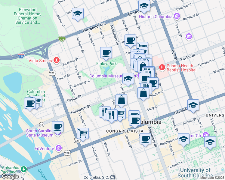 map of restaurants, bars, coffee shops, grocery stores, and more near 900 Taylor Street in Columbia