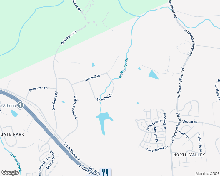 map of restaurants, bars, coffee shops, grocery stores, and more near 139 Thornhill Circle in Athens