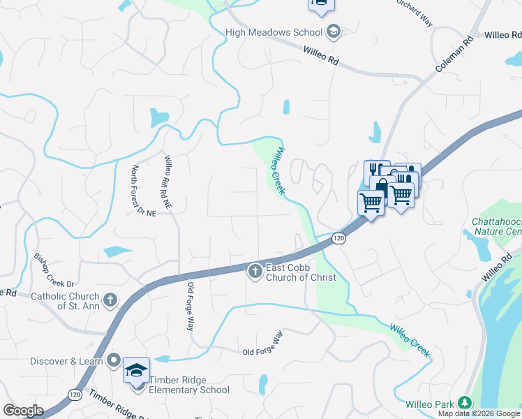 map of restaurants, bars, coffee shops, grocery stores, and more near 5196 Ozark Lane in Marietta