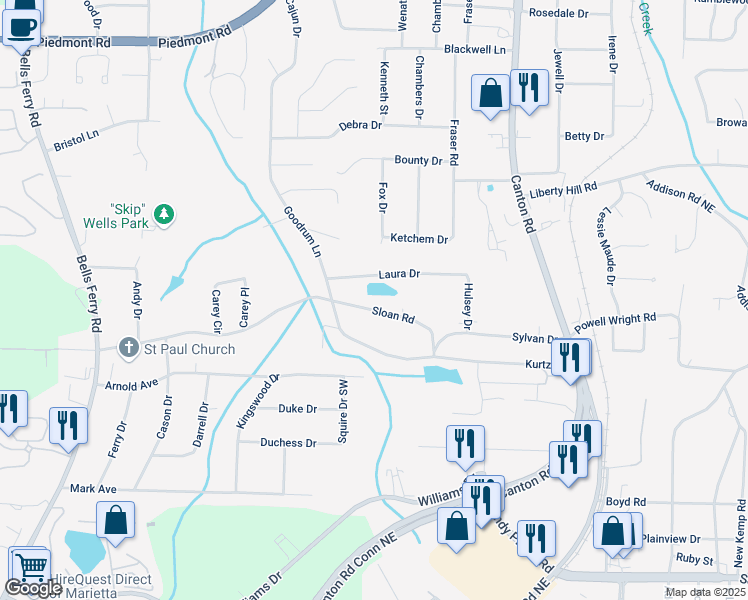 map of restaurants, bars, coffee shops, grocery stores, and more near 592 Laura Drive in Marietta