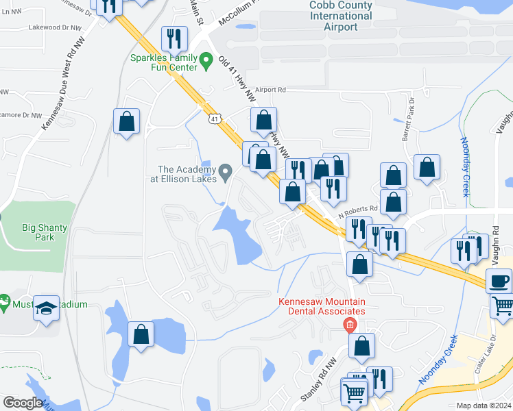 map of restaurants, bars, coffee shops, grocery stores, and more near 1865 Ellison Lakes Court in Kennesaw