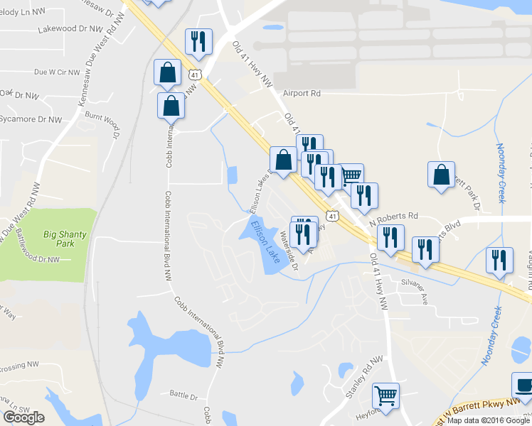map of restaurants, bars, coffee shops, grocery stores, and more near 1865 Ellison Lakes Court in Kennesaw