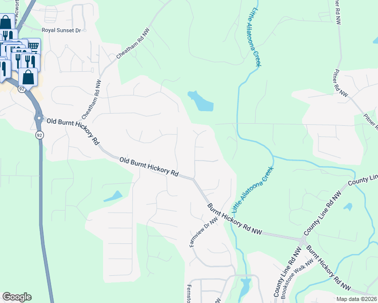 map of restaurants, bars, coffee shops, grocery stores, and more near 1961 Seymour Drive Northwest in Acworth