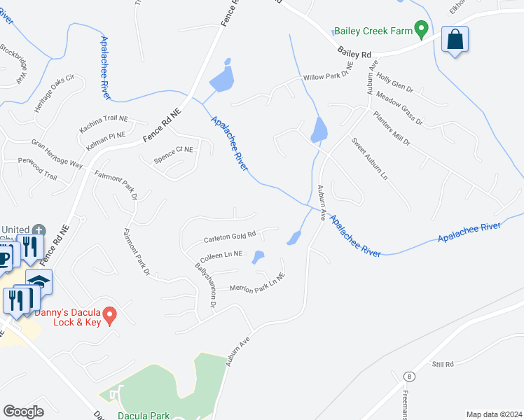 map of restaurants, bars, coffee shops, grocery stores, and more near 620 Ballyshannon Drive in Dacula