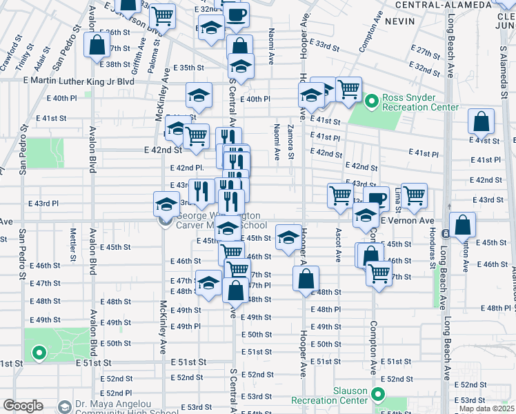 map of restaurants, bars, coffee shops, grocery stores, and more near 1147 East 43rd Place in Los Angeles