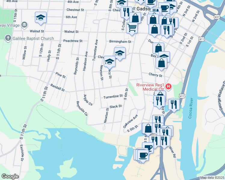 map of restaurants, bars, coffee shops, grocery stores, and more near 710 Randall Street in Gadsden