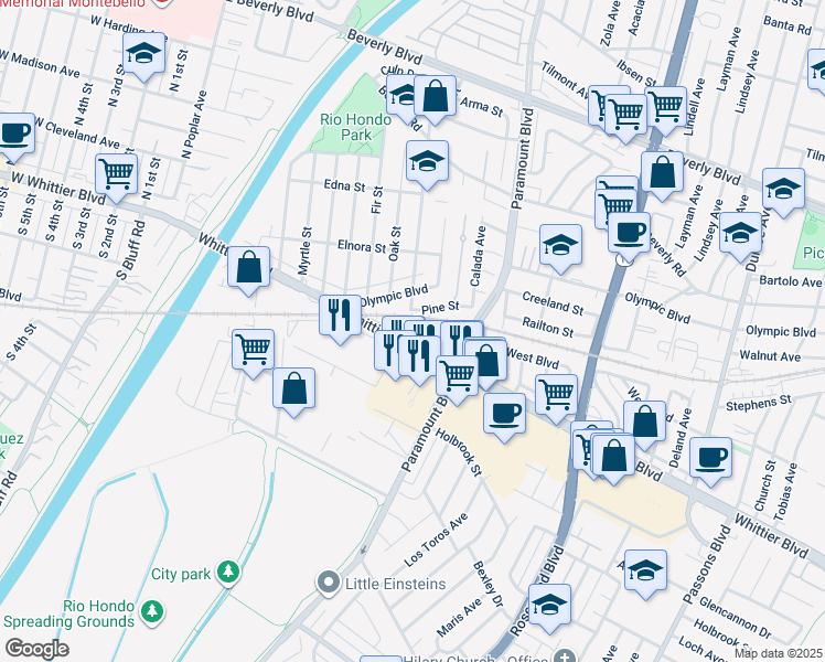 map of restaurants, bars, coffee shops, grocery stores, and more near 8503 Whittier Boulevard in Pico Rivera