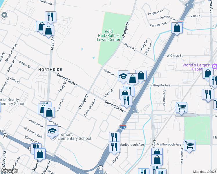 map of restaurants, bars, coffee shops, grocery stores, and more near 1115 Clark Street in Riverside