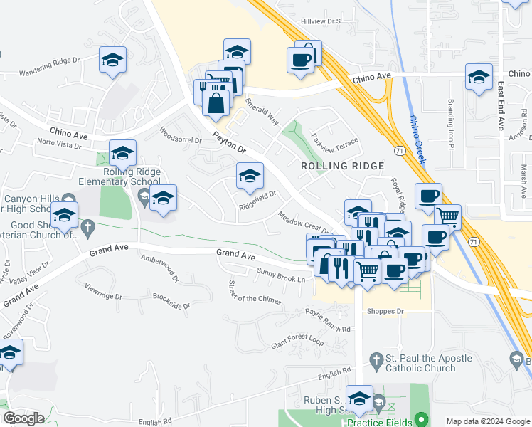 map of restaurants, bars, coffee shops, grocery stores, and more near 3030 Olympic View Drive in Chino Hills