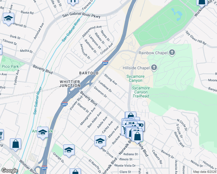 map of restaurants, bars, coffee shops, grocery stores, and more near 10312 Strong Avenue in Whittier
