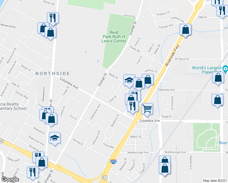 map of restaurants, bars, coffee shops, grocery stores, and more near 1115 Clark Street in Riverside