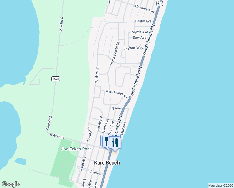 map of restaurants, bars, coffee shops, grocery stores, and more near 312 Kure Dunes Lane in Kure Beach