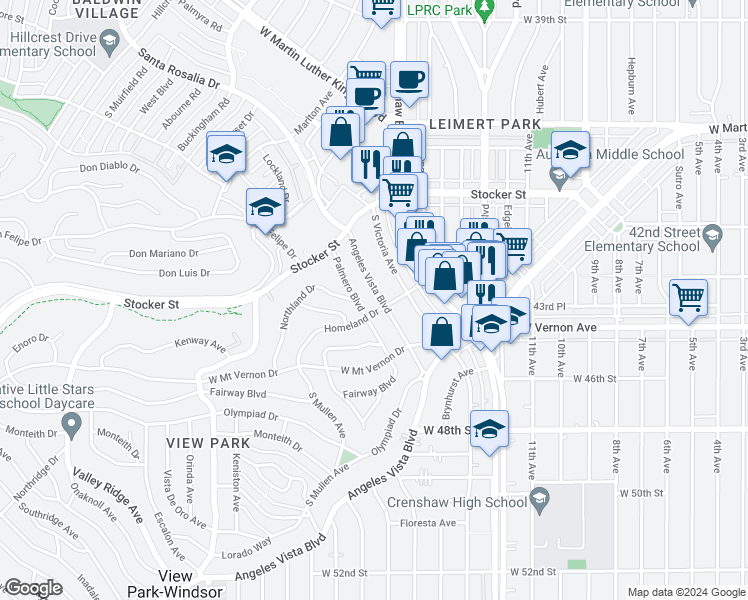 map of restaurants, bars, coffee shops, grocery stores, and more near 4257 Angeles Vista Boulevard in Los Angeles