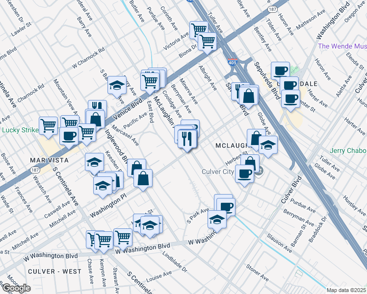map of restaurants, bars, coffee shops, grocery stores, and more near 3985 McLaughlin Avenue in Los Angeles