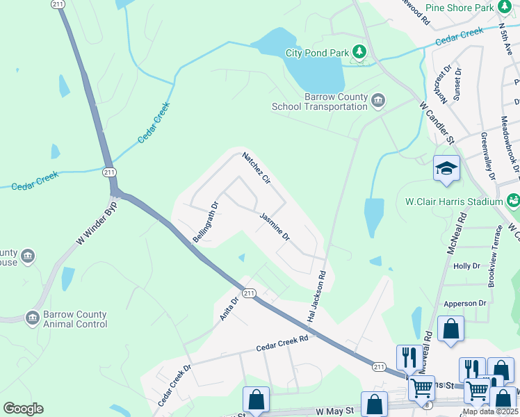 map of restaurants, bars, coffee shops, grocery stores, and more near 188 Bellingrath Drive in Winder