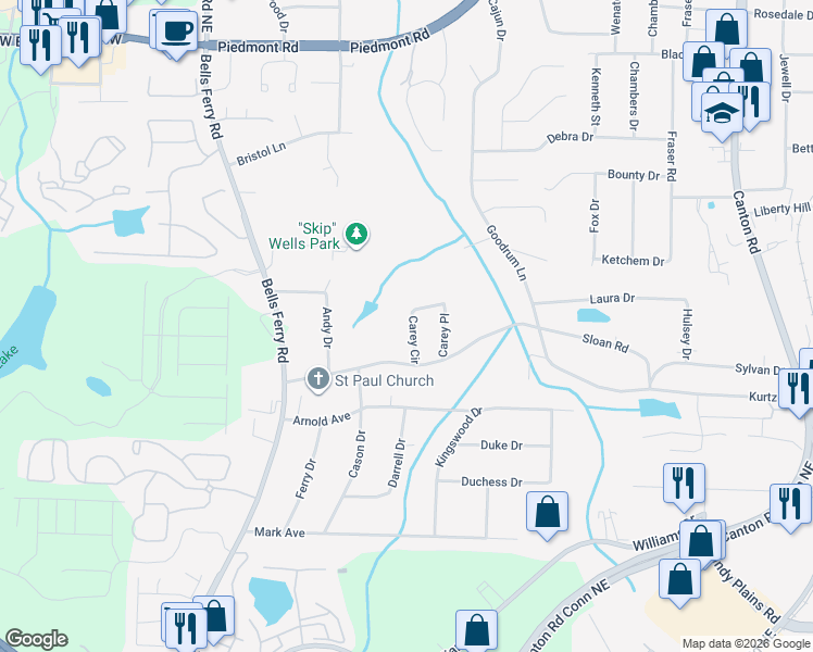 map of restaurants, bars, coffee shops, grocery stores, and more near 2189 Carey Circle in Marietta