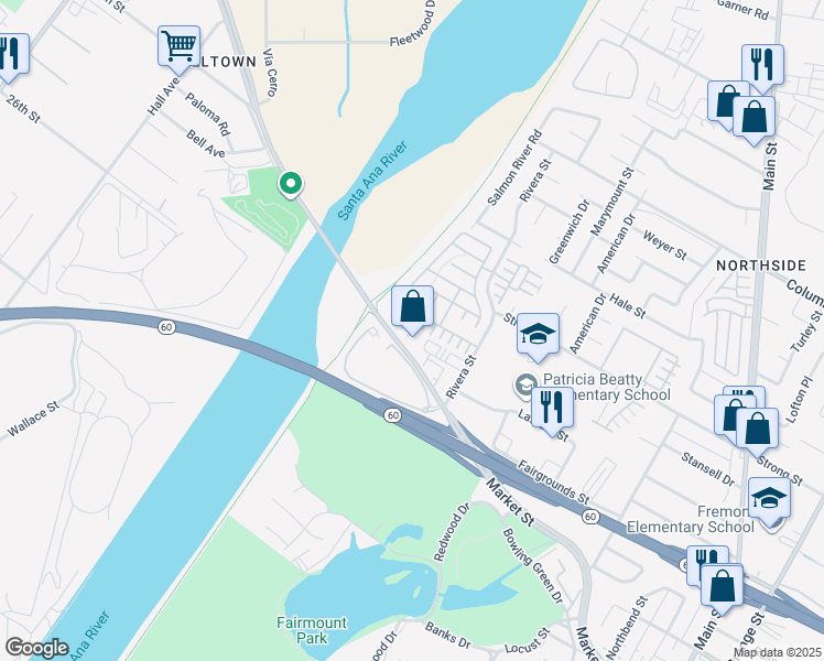 map of restaurants, bars, coffee shops, grocery stores, and more near 1911 Kenton in Riverside