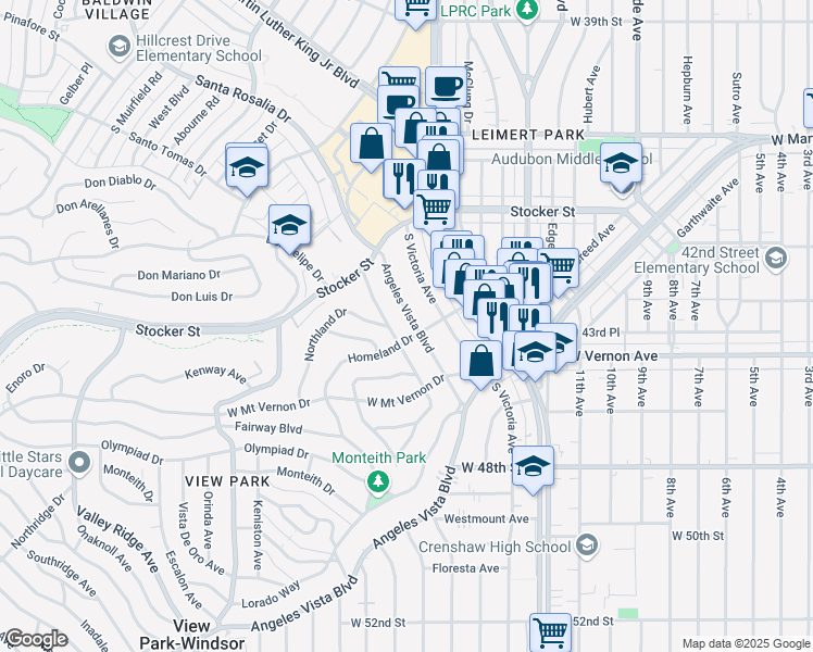 map of restaurants, bars, coffee shops, grocery stores, and more near 4257 Angeles Vista Boulevard in Los Angeles