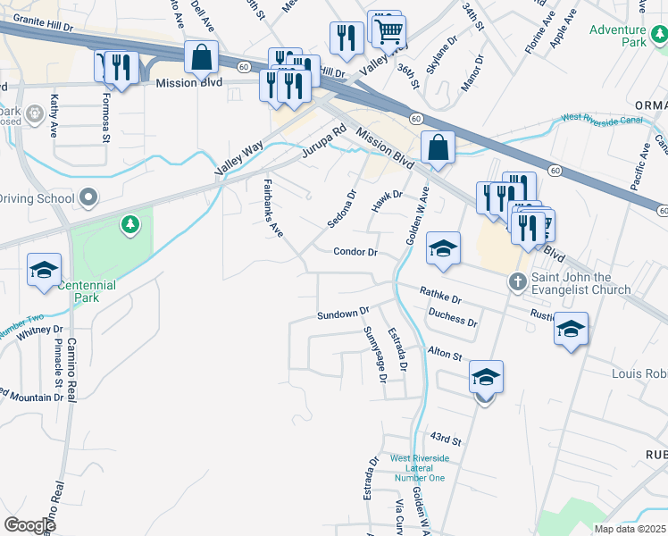 map of restaurants, bars, coffee shops, grocery stores, and more near 6821 Pheasant Run Circle in Riverside
