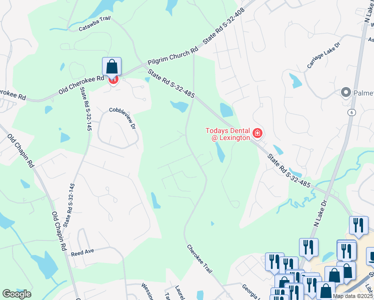 map of restaurants, bars, coffee shops, grocery stores, and more near 604 Cherokee Trail in Lexington